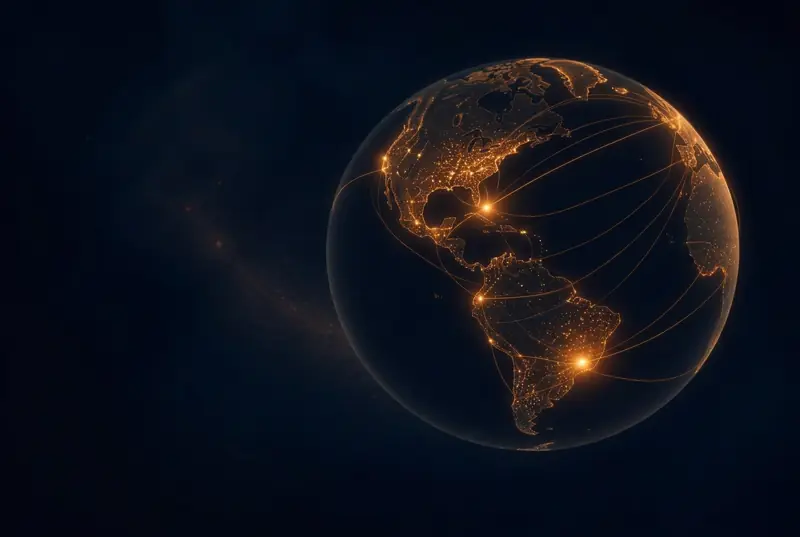 Illuminated globe showing international payment connections